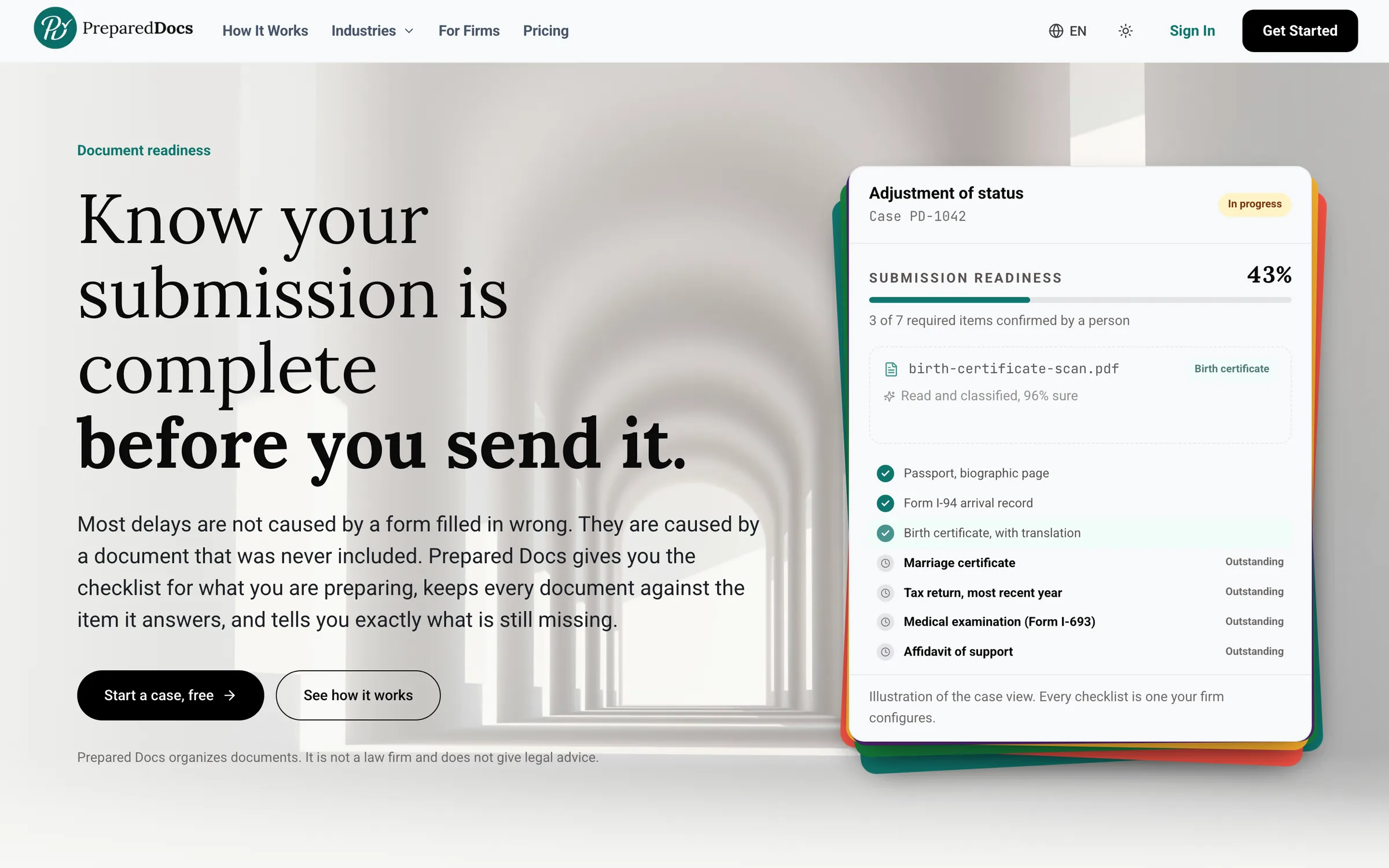 The Prepared Docs home page with a sample case checklist